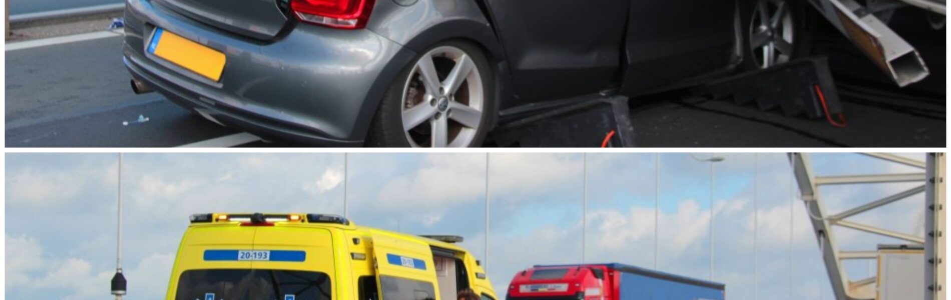 Auto komt onder vrachtwagen trailer terecht op brug in Sleeuwijk