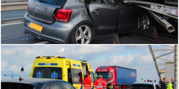 Auto komt onder vrachtwagen trailer terecht op brug in Sleeuwijk