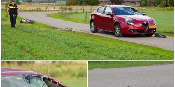 De helikopter landde in Apeldoorn, vlak bij de snelweg. De betrokken auto liep forse schade op: in de voorruit zit een groot gat en ook het dak heeft een flinke deuk.