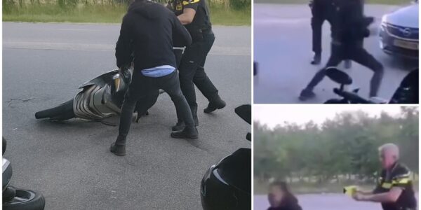 VIDEO: Geen genade – Politieagent richt taser op herrieschoppers op scooters