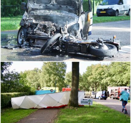 Dodelijk ongeval in Maashees: Vrouw overleden en man zwaargewond bij motorongeval met bestelbus; voertuigen vlogen in brand