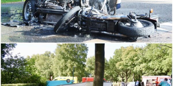 Dodelijk ongeval in Maashees: Vrouw overleden en man zwaargewond bij motorongeval met bestelbus; voertuigen vlogen in brand