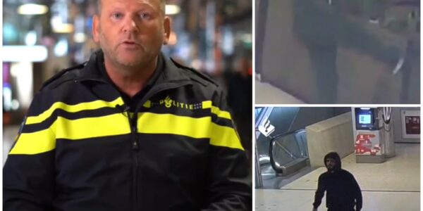 Politie deelt beelden: Man veroorzaakt verstoring en valt personeel op brute wijze aan op Centraal Station, roept mensen op informatie te delen.